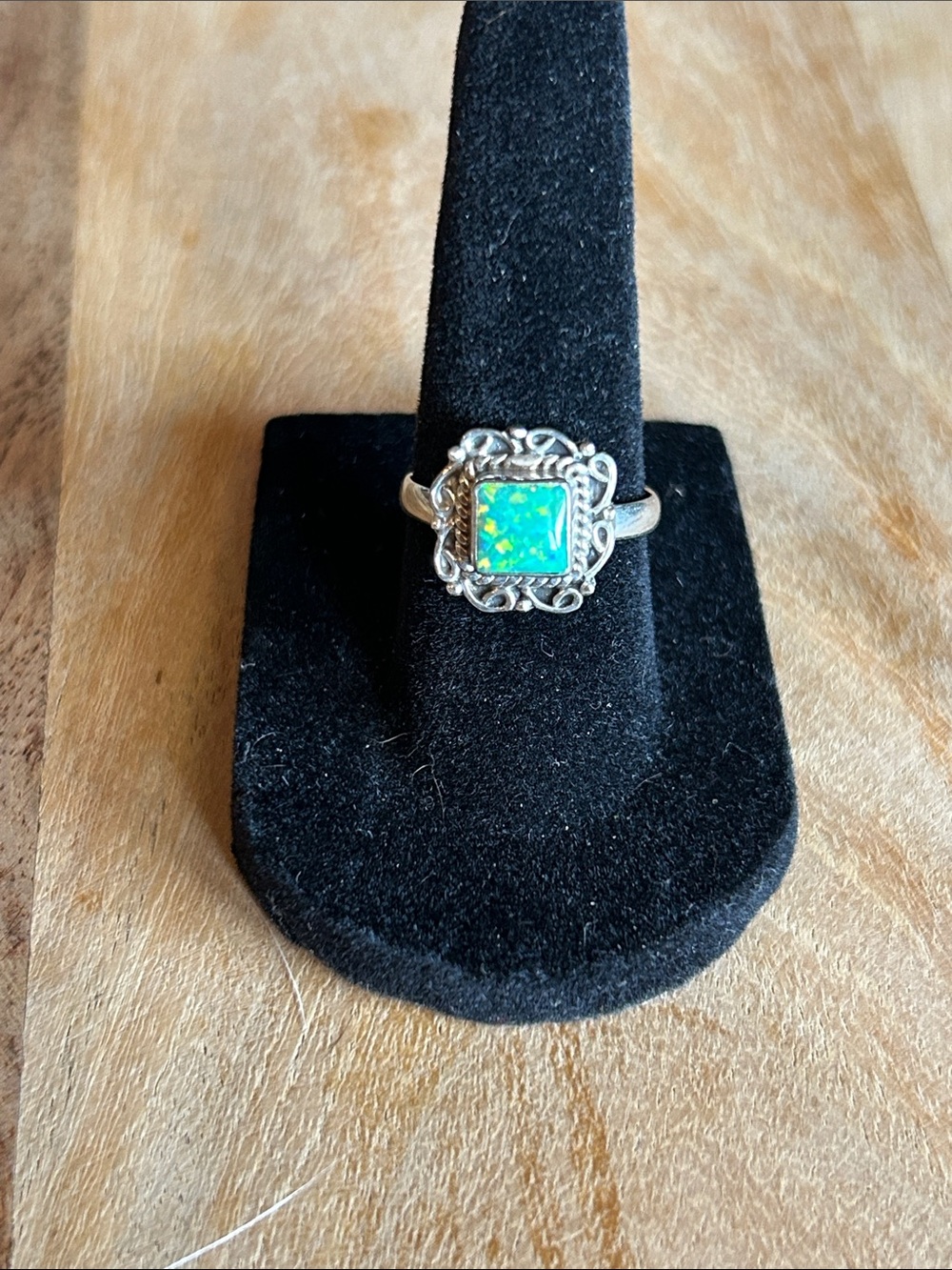 Silver Filigree Ring with Square Blue-Green Opal Inlay